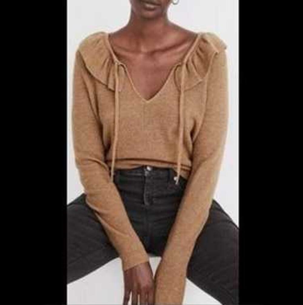 Madewell Tie-Neck Ruffle Pullover Sweater Size M Merino Wool Alpaca Twee Preppy
